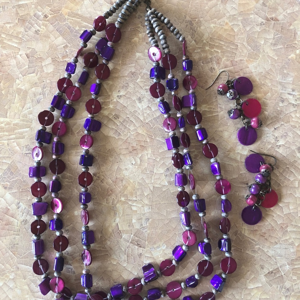 Purple bead necklace and earrings
